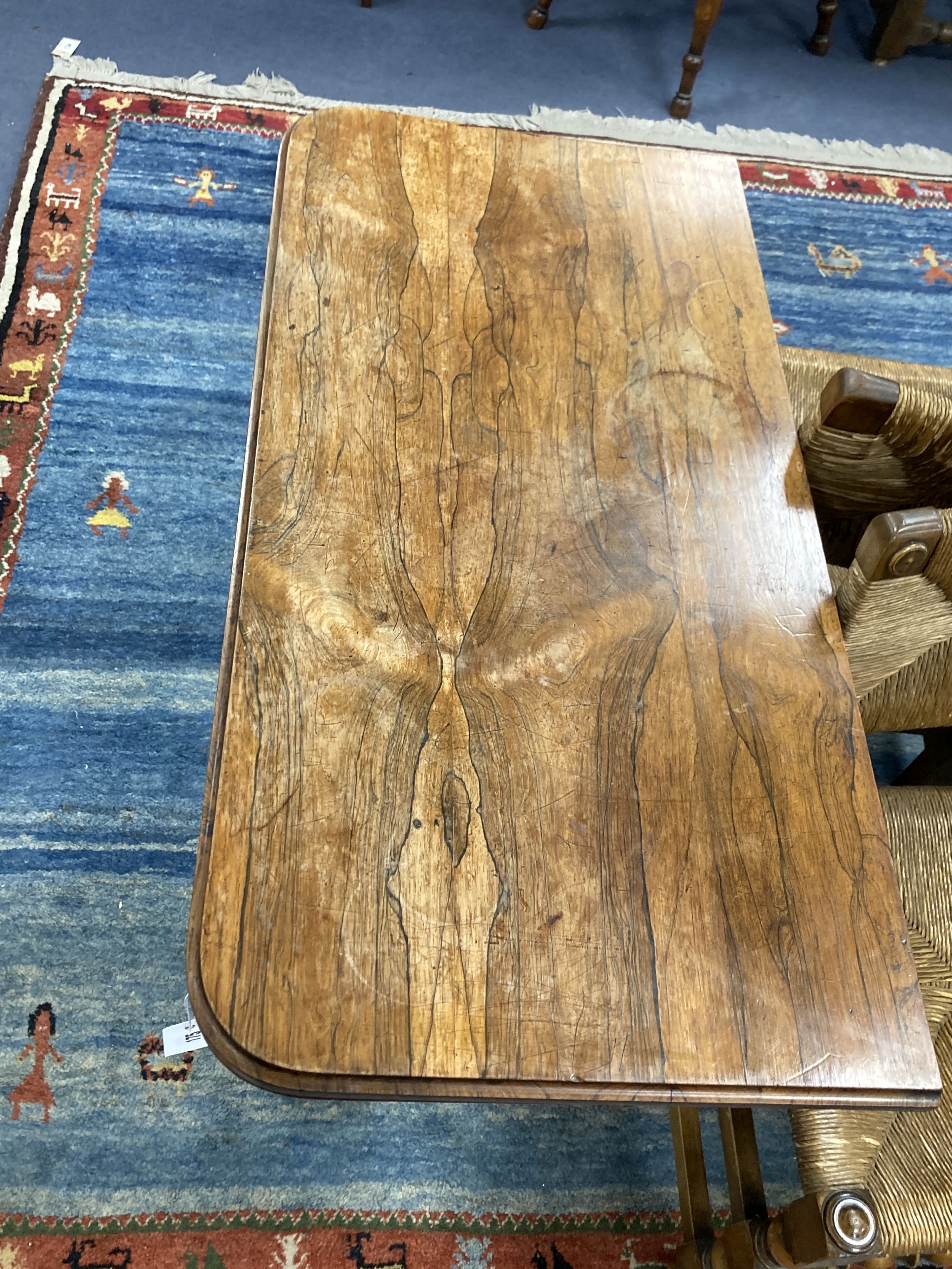 A Victorian rosewood folding card table, width 90cm, depth 45cm, height 75cm